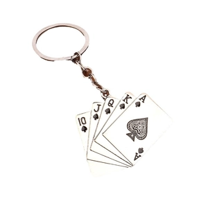 Creative metal poker cards keychain featuring spade royal flush design on white background
