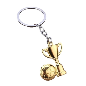 Silver metal keychain with gold soccer ball and trophy pendant for sports souvenirs
