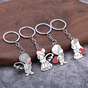 Cartoon couple metal keychains with heart and crown designs for Valentine gift