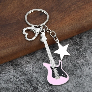 Pink and black guitar keychain with heart-shaped carabiner and silver star pendant