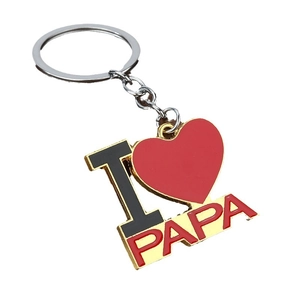 Polished gold keychain with red heart and I Love PAPA lettering on white background