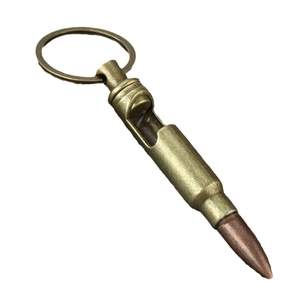 Creative bullet-shaped metal bottle opener keychain with vintage bronze finish and ring