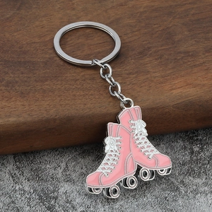 Zinc alloy pink roller skate keychain with double-row skates and silver metal ring