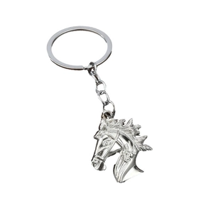Zinc alloy horse head keychain with silver metallic finish and polished key ring
