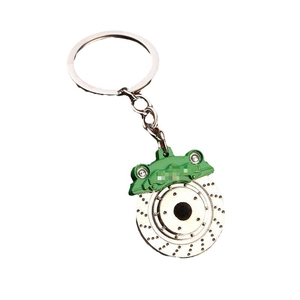 Car brake disc and green caliper metal keychain with automotive racing wheel hub design