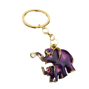 Golden elephant parent and child keychain with purple enamel and red crystal eyes