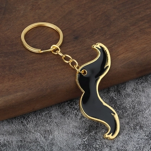 Creative mustache-shaped metal keychain with black enamel and gold plating finish