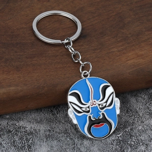 Detailed macro view of a Peking Opera mask keychain featuring blue enamel and zinc alloy finish