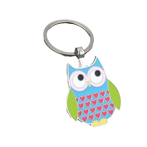 Cartoon owl enamel keychain with blue body green wings and pink heart metal keyring