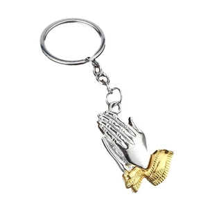 Two-tone silver and gold praying hands pendant keychain with stainless steel ring