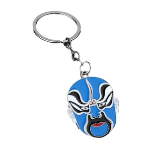 Blue Beijing Opera mask keychain featuring traditional Dou Erdun design in zinc alloy