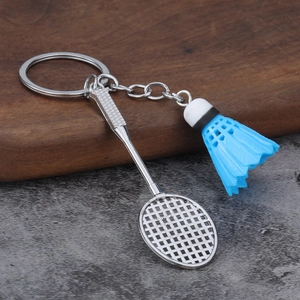Badminton racket and blue shuttlecock keychain accessory for sports enthusiasts and gifts