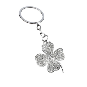Sparkling four-leaf clover keychain with rhinestones and metal ring for bags and car keys