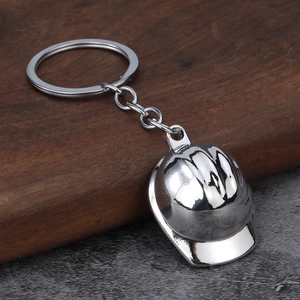 Polished silver metal safety helmet keychain with a sturdy keyring and short chain link