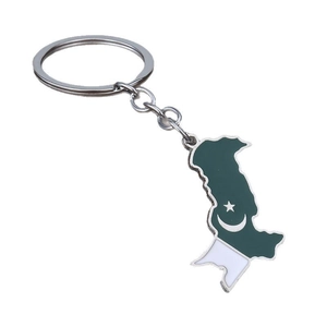 Metal Pakistan map keychain with green and white enamel flag design on white background