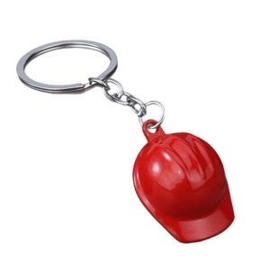Creative miniature red safety helmet keychain with silver metal ring and chain