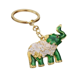Creative enamel elephant keychain with green floral patterns and gold-plated alloy finish