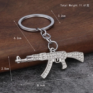 Hip hop AK-47 keychain with silver rhinestones, punk style military rifle key ring accessory