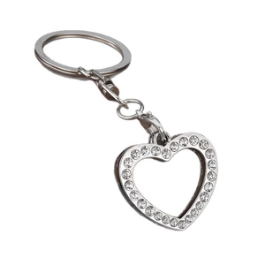 Minimalist silver heart keychain with sparkling rhinestones on a standard lobster clasp