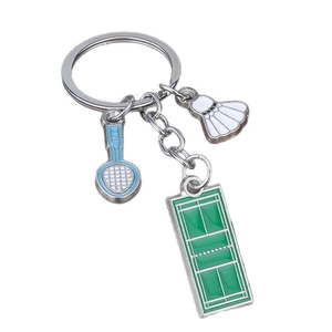 Badminton themed metal keychain with mini racket shuttlecock and green court pendants