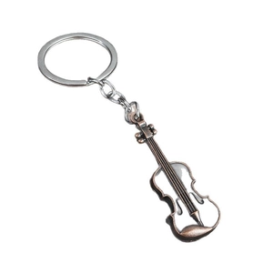 Vintage bronze violin keychain with white enamel finish and durable metal keyring