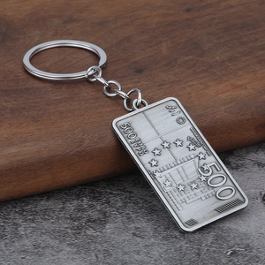 Macro detail of antique silver 500 Euro banknote pendant on a metal keychain