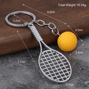 Mini tennis racket keychain with yellow ball and measurements, total weight 18.54g