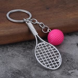 Tennis racket keychain with pink ball and silver metal finish for sports souvenirs