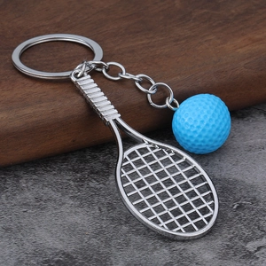 Creative tennis racket keychain with a blue textured ball charm and silver metal chain