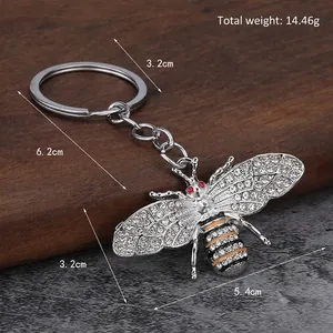 Crystal honey bee keychain with rhinestones and silver metal finish for bags and cars