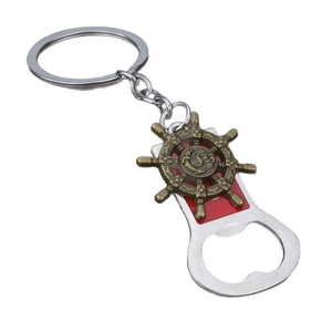 Ship steering wheel keychain bottle opener with anchor motif in bronze and silver finish