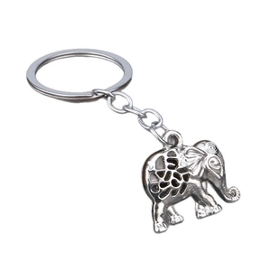 Retro silver elephant keychain with hollow design and engraved texture on white background