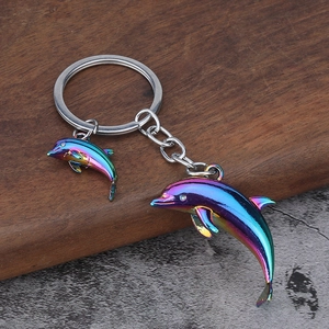 Regenboogkleurige 3D-dolfijn sleutelhanger van metaal op houten en stenen achtergrond