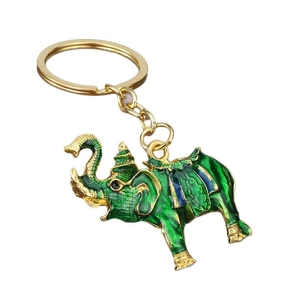 Thai-style elephant keychain with green enamel detail and golden metal chain link