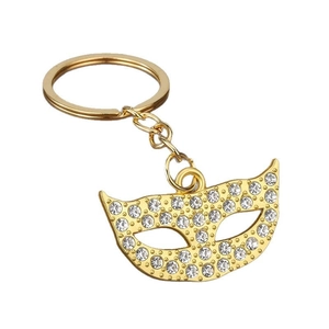 Gold fox mask keychain with clear crystals and sparkling rhinestone pendant