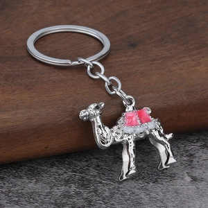 Detailed silver camel keychain with pink enamel saddle and ethnic textured patterns