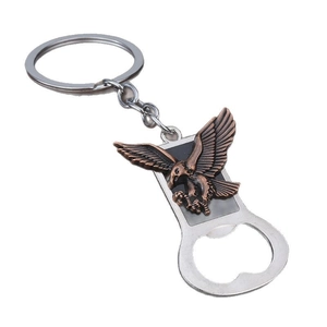 Eagle bronze relief bottle opener keychain with silver metal wing design on white background
