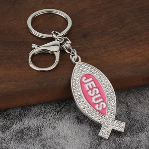 Vintage Jesus Fish keychain with white rhinestones and pink Jesus text on metal charm