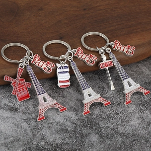 Zinc alloy Paris souvenir keychain with Eiffel Tower and enamel macaron charms