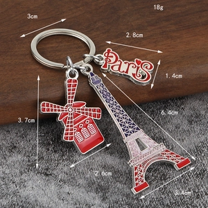 Paris souvenir keychain detail showing Eiffel Tower and windmill with dimensions and weight