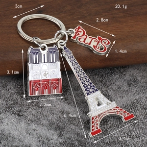 Detailed view of Paris souvenir keychain with Eiffel Tower and Notre Dame pendants