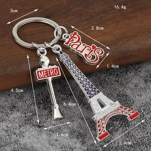 Detailed view of Paris Eiffel Tower keychain with red and blue enamel metro charm