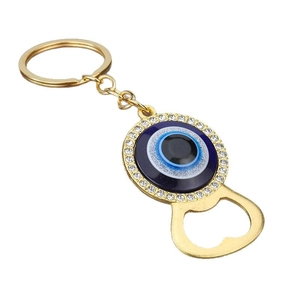 Evil eye multifunctional bottle opener keychain with blue enamel and sparkling rhinestones