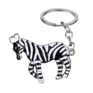 Cute zebra keychain with black and white enamel finish on silver metal alloy ring