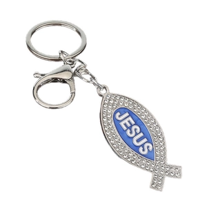 Vintage silver fish keychain with blue Jesus enamel and sparkling rhinestones