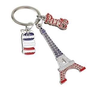 Paris themed metal keychain with Eiffel Tower and tricolor French macaron pendant
