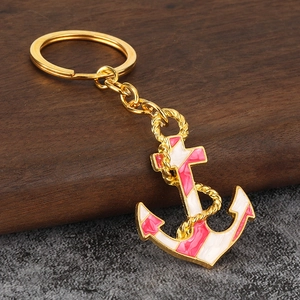 Porte-clés ancre marine créatif avec rayures roses et blanches et finition dorée