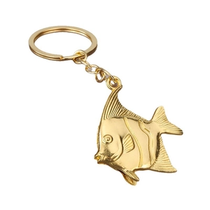 Golden angelfish keychain in polished metal alloy with a secure split ring and link chain