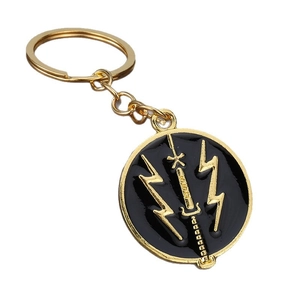 Ukraine theme sword and lightning shield metal keychain with gold finish and black enamel