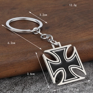 Hip hop style iron cross keychain with black enamel inlay and silver metallic finish
